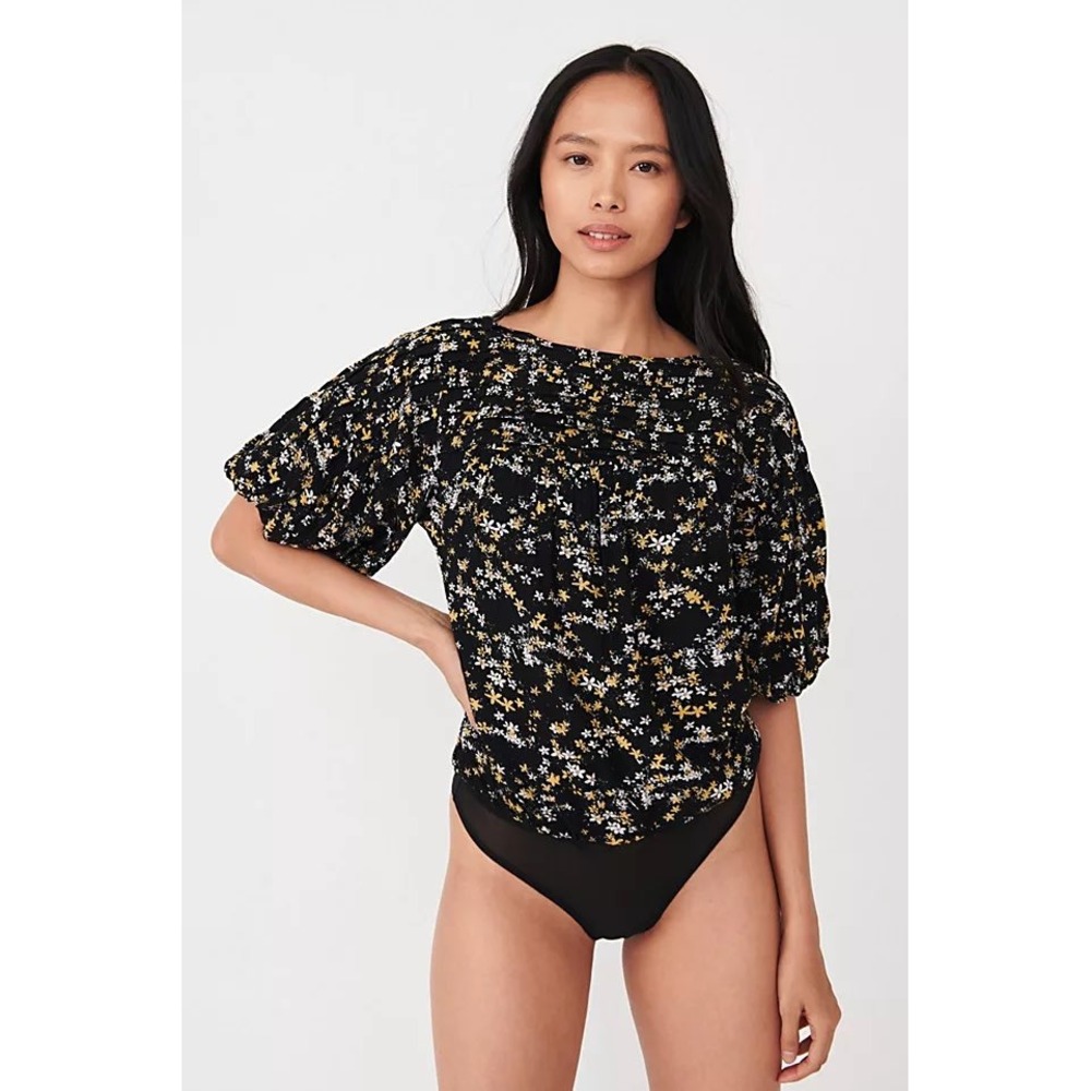 Free People Intimately Floral Puff Sleeve Bodysuit Black Yellow XS OB1175787